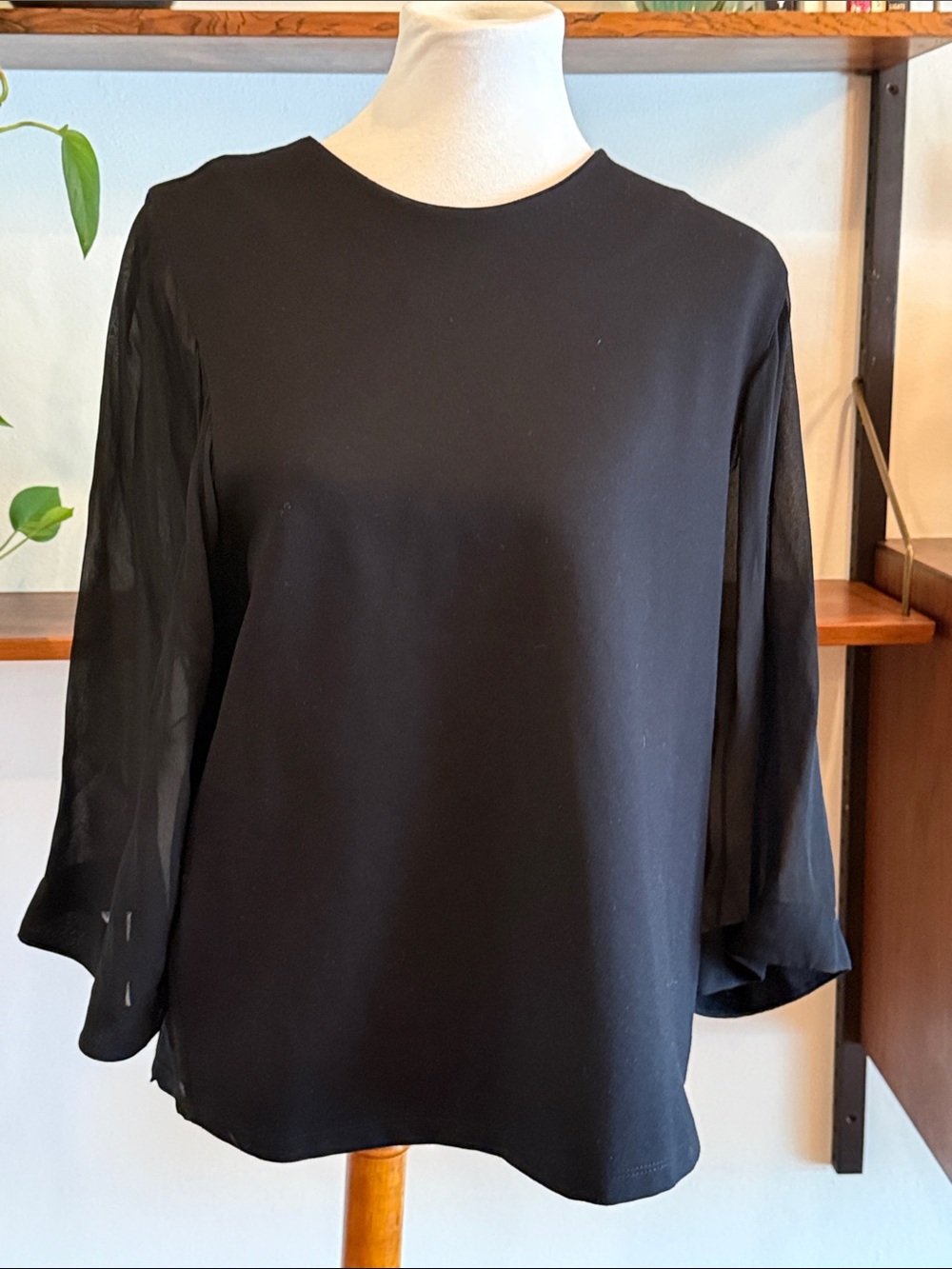 & Other Stories Black Crewneck Blouse with Sheer Bishop Sleeves